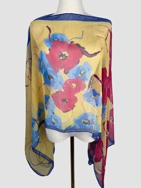 Multicolor Floral Chiffon Scarf Poncho Wrap With Button Sheer Approx. 70"